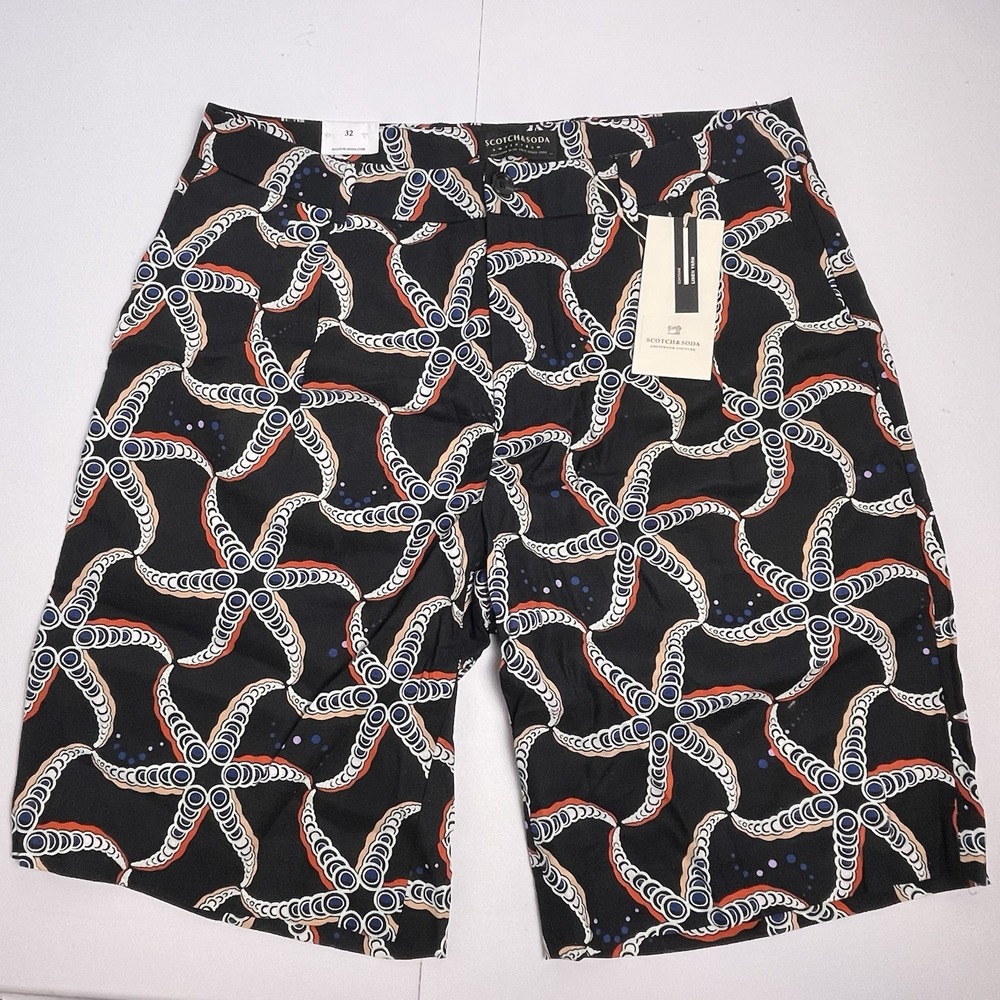 Scotch & Soda Mens 32 Black Blue Starfish AOP Linen Blend Chino Shorts Loose NEW - Picture 2 of 14